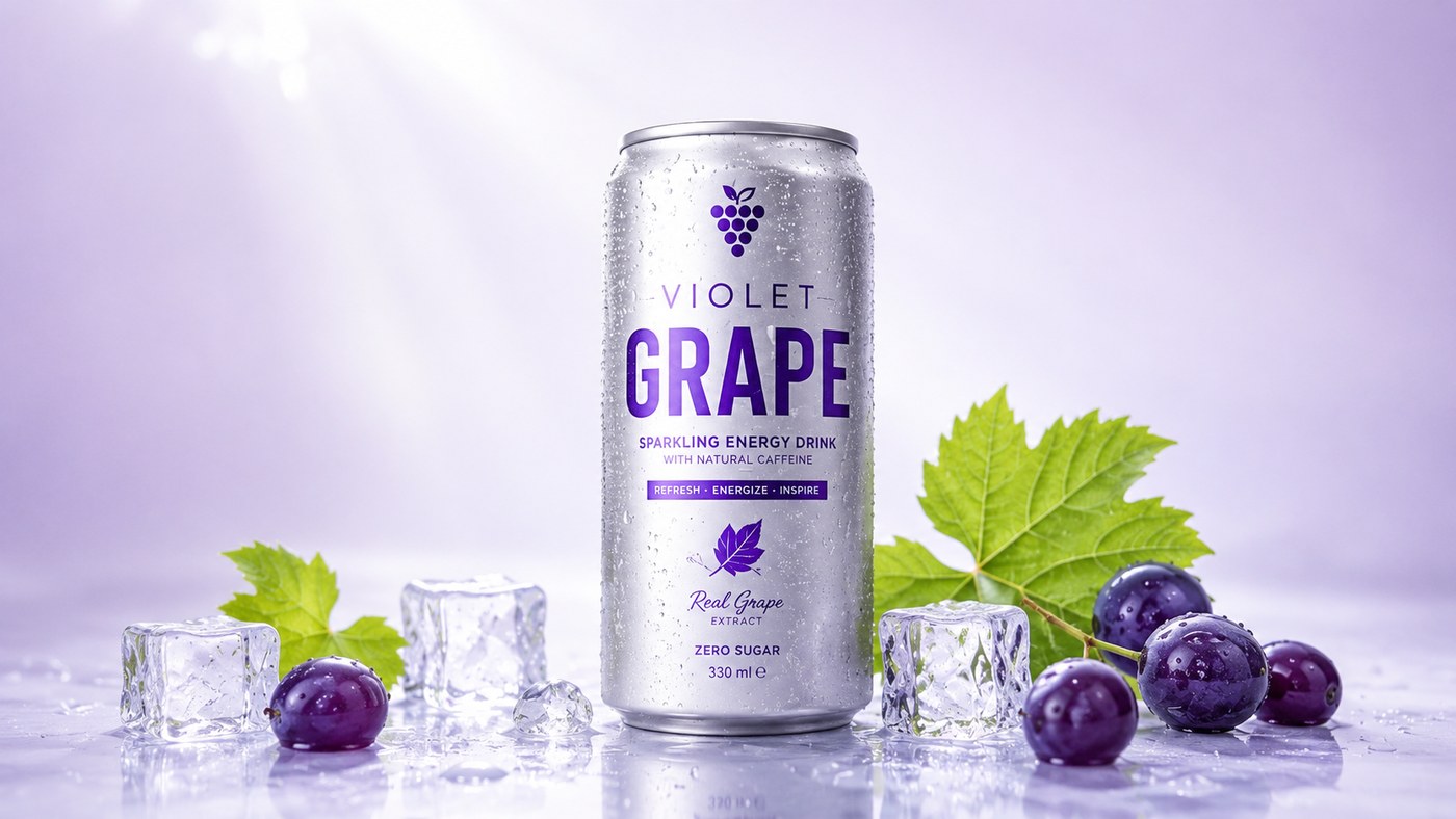 Galutinis kino kokybės VIOLET GRAPE kadras su vynuogėmis, ledu ir šviesa
