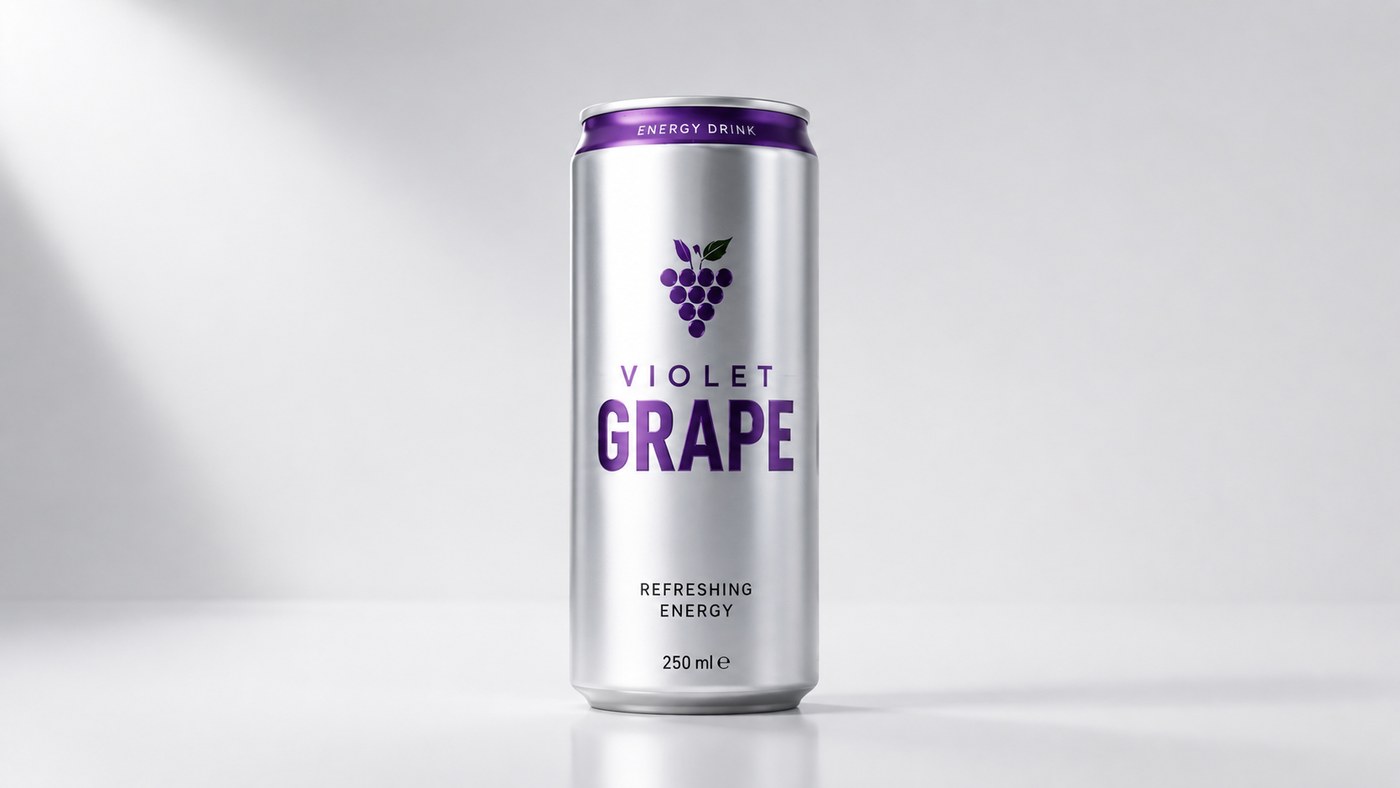 Pradinė VIOLET GRAPE gėrimo skardinės nuotrauka neutraliame fone